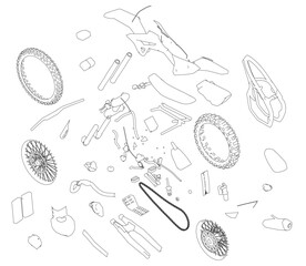 Poster - A motorcycle is shown in pieces, with the frame and wheels missing. The image is black and white, and the pieces are scattered all over the page. Scene is one of disarray and destruction