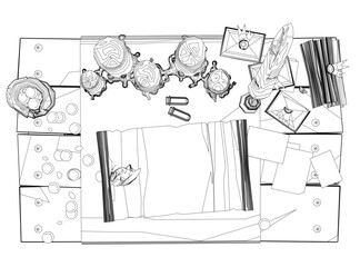 Poster - A table with a rug and a few items on it. The table is covered with a white cloth. Top view