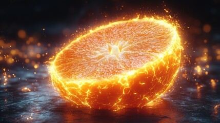 Poster - Neon Orange Glow - Surreal glowing orange with electric aura, dark void background, futuristic citrus