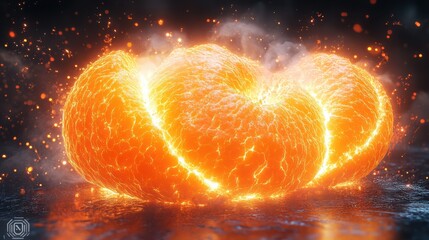 Poster - Neon Orange Glow - Surreal glowing orange with electric aura, dark void background, futuristic citrus