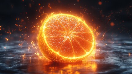 Poster - Neon Orange Glow - Surreal glowing orange with electric aura, dark void background, futuristic citrus