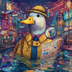 Poster - A whimsical duck detective investigates a vibrant city scene.