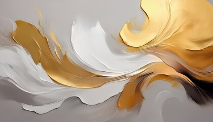 Fototapete - golden abstract fluid swirl with white and black highlights on soft gray background for luxury branding, web design, or modern wall print

