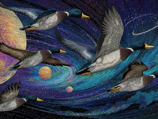 Wall Mural - cosmic flight of wild ducks through a swirling nebula.
