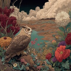 Poster - Detailed illustration of an owl overlooking a tranquil landscape.