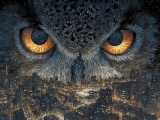 Poster - Nocturnal owl's gaze over a city at night.