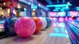 A stunning image of vibrant neon-lit bowling balls on a polished lane at a modern bowling alley.