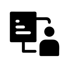 Aufkleber - A black silhouette icon representing a user connected to a document or interface, possibly indicating user testing or data access. Suitable for tech, UX, or business blogs.