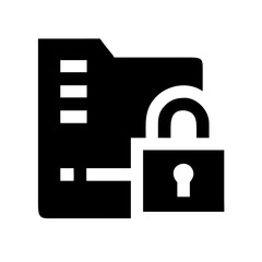 Poster - A solid black icon of a folder with a large padlock in front, symbolizing secure data storage or confidential files. Ideal for cybersecurity, IT, or data privacy blogs and sites.