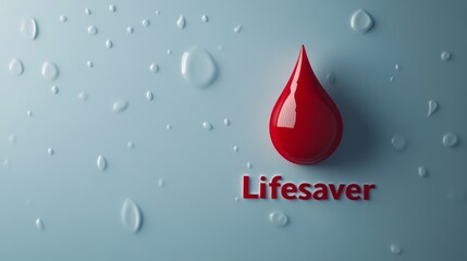 Poster - Minimalist Red Blood Drop Design with Water Droplets on Blue Surface