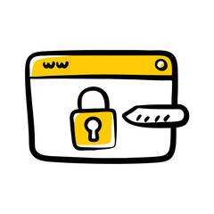 Aufkleber - A doodle-style icon of a web browser with a padlock and key, signifying secure login or website access. Great for sites and blogs on online security, passwords, and data privacy.