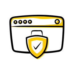 Aufkleber - Doodle-style browser window with a yellow shield and checkmark, indicating a secure website. Suitable for web security blogs and online safety resources.

