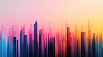 Poster - A colorful abstract city skyline with tall buildings against a gradient sunrise or sunset sky.