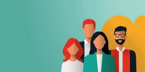 Poster - Illustration of four diverse, faceless people standing together on a colorful background, symbolizing teamwork and community.