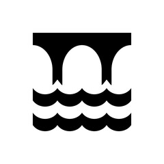 Poster - Illustration of a bridge with three arches over two layers of wavy water in black and white color scheme