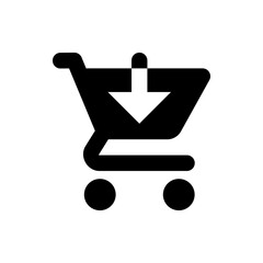 Poster - Black shopping cart with an arrow pointing downwards indicating adding to cart in solid fill format