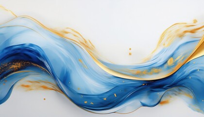 Poster - flowing blue silk wave with golden accents and star dust on white background for elegant branding or luxury digital design


