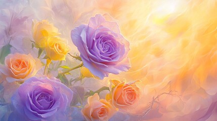 Poster - Vibrant Ethereal Landscape Unfolds on a Canvas of Pastel Roses