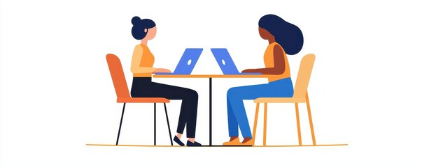 Poster - Two women working on laptops at a table, facing each other in a modern, collaborative workspace.