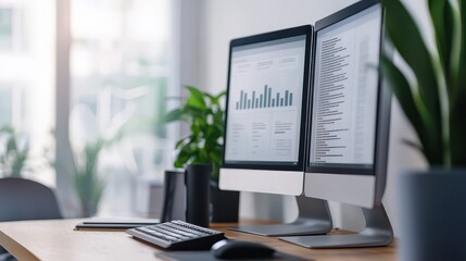 Poster - Dual monitors on a modern office desk display data and documents, surrounded by green plants in a bright workspace.