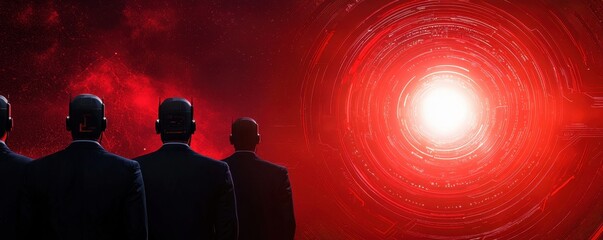 Poster - Four figures in suits face a glowing, futuristic red portal set against a cosmic background.