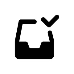Poster - Black glyph icon depicting a tray or container with a checkmark indicating completion or approval process