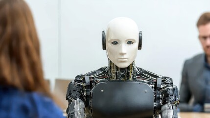 Poster - A humanoid robot sits across from a person in an office setting, suggesting a job interview scenario involving artificial intelligence.