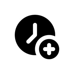 Poster - Clock with plus sign indicating time addition scheduling or appointment setting in a black and white design