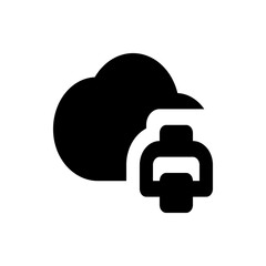 Poster - Black cloud with printer icon representing cloud printing service and technology integration on white background