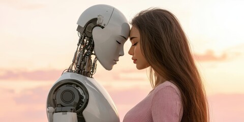 Poster - A woman and a humanoid robot touch foreheads, symbolizing human-robot connection at sunset.