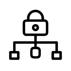 Poster - A black line icon showing a padlock connected to a central node branching to points, symbolizing network security. For tech blogs, IT security, or cybersecurity system diagrams.