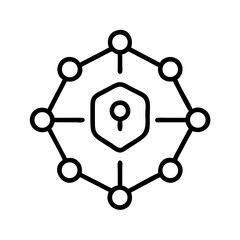 Poster - A black line icon showing a padlock connected to a central node branching to points, symbolizing network security. For tech blogs, IT security, or cybersecurity system diagrams.
