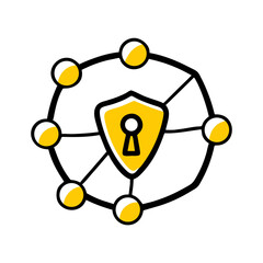Aufkleber - This cheerful hand-drawn icon of a shield with a keyhole surrounded by network nodes is perfect for websites or blogs about network security, data protection, or secure connections.

