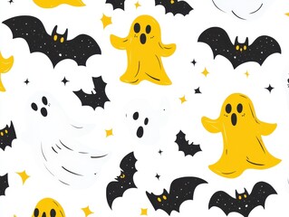 Aufkleber - Cute Halloween Seamless Pattern with Ghosts and Bats