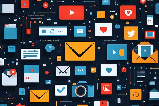 Flat-style illustrations of media layout, camera symbol, and more.