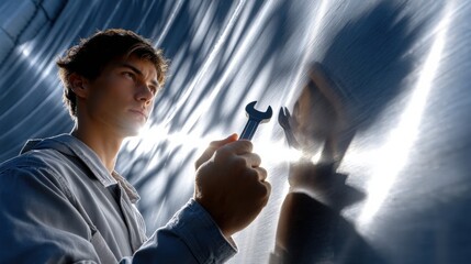 Poster - A man is holding a wrench and looking at a shiny surface