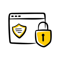 Aufkleber - Doodle-style website security icon with a shield and padlock highlighted in yellow. Suitable for cybersecurity blogs, web development resources, and online safety guides