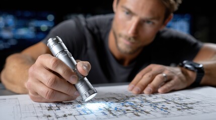 Aufkleber - A man is holding a flashlight and looking at a piece of paper