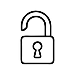 Poster - Minimalist black line icon of an unlocked padlock, on a white background. For access granted, unsecured connection, or public information themes in apps and websites.