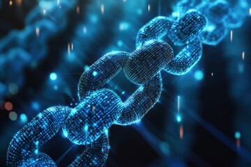 A close up view of a digital chain with blue light effects on a dark background in a conceptual image