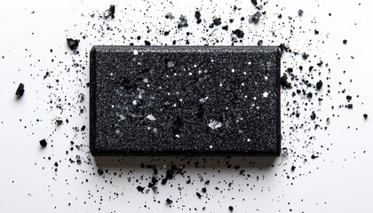 Poster - Abstract Black Rectangular Object Covered with Silver Glitter on a White Background with Scattered Sparkles Creating a Festive and Decorative Texture