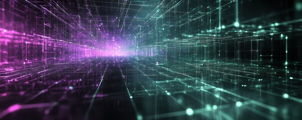 Poster - Abstract Digital Network Background with Glowing Lines and Geometric Structure in Purple and Teal Tones for Futuristic Technology and Data Visualization