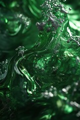 Poster - Abstract Emerald Green Liquid Wave with Dynamic Motion Bubbles and Textured Surface in a Dark Environment Fresh Detailed Patterns
