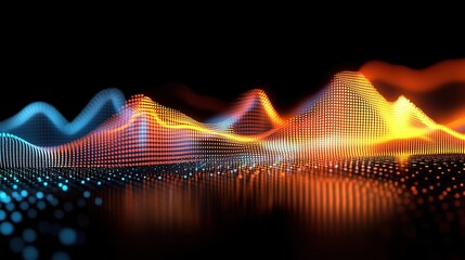 Poster - Abstract Glowing Data Wave with Blue and Orange Tones on Black Background