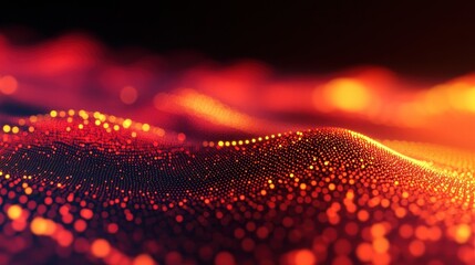 Poster - Abstract Glowing Orange Particle Waves with Dynamic Motion Dark Backdrop and Futuristic Elements for Creative Design and Modern Technology Background