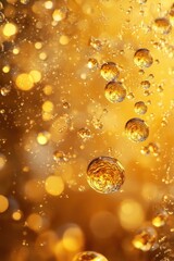 Poster - Abstract Golden Bubbles in a Sparkling Liquid Amber Hue and Ethereal Light Reflecting Spheres of Clear Liquid with Sparkling Effervescence
