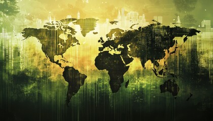 Poster - Abstract Grunge World Map in Green and Gold with Distressed Texture Vintage Style Backdrop and Geographic Details