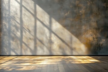 Poster - Abstract Interior with Sunlight Shining Through Window onto a Textured Gray Wall and Wooden Floor Creating an Atmospheric Backdrop