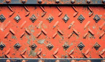 Poster - Abstract Red Metal Diamond Plate with Rivets and Weathered Texture Industrial Background with Rust And Corrosion