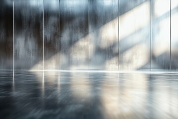 Poster - Abstract Room Interior Featuring a Light and Shadow Play on a Grunge Wall with a Shiny Floor Surface Creating a Minimalist Artistic Space